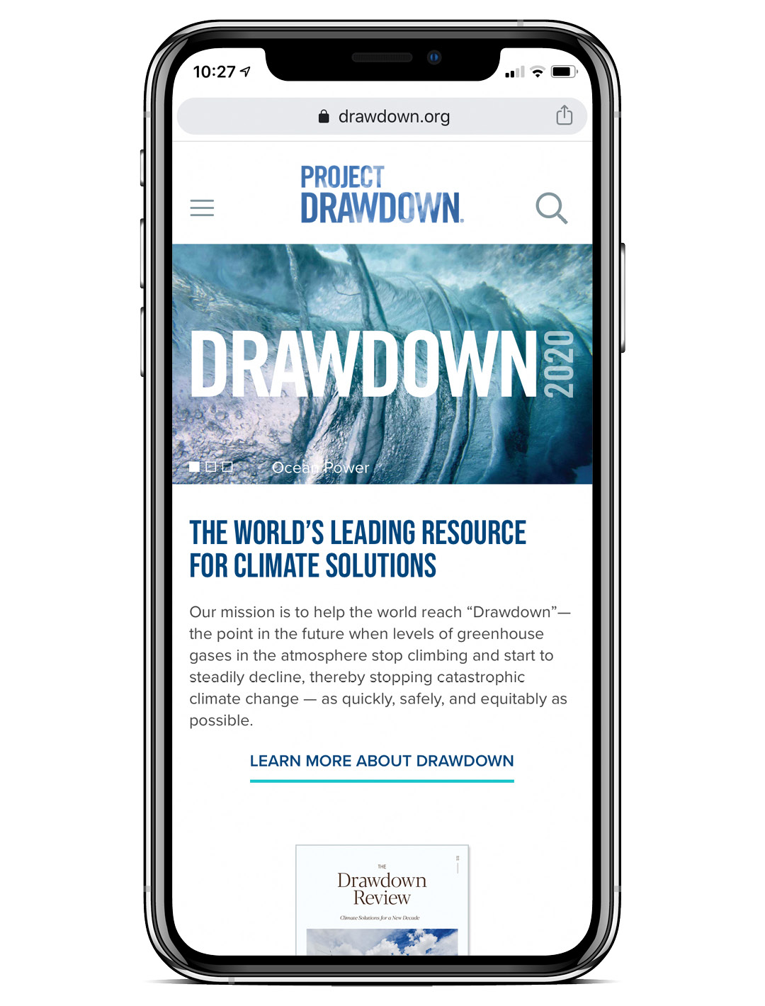 Screenshot of the Drawdown website on a mobile device showing Solutions by Sector