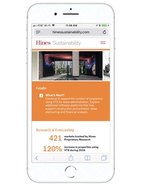 Screenshot of the Hines Sustainability website on a mobile device