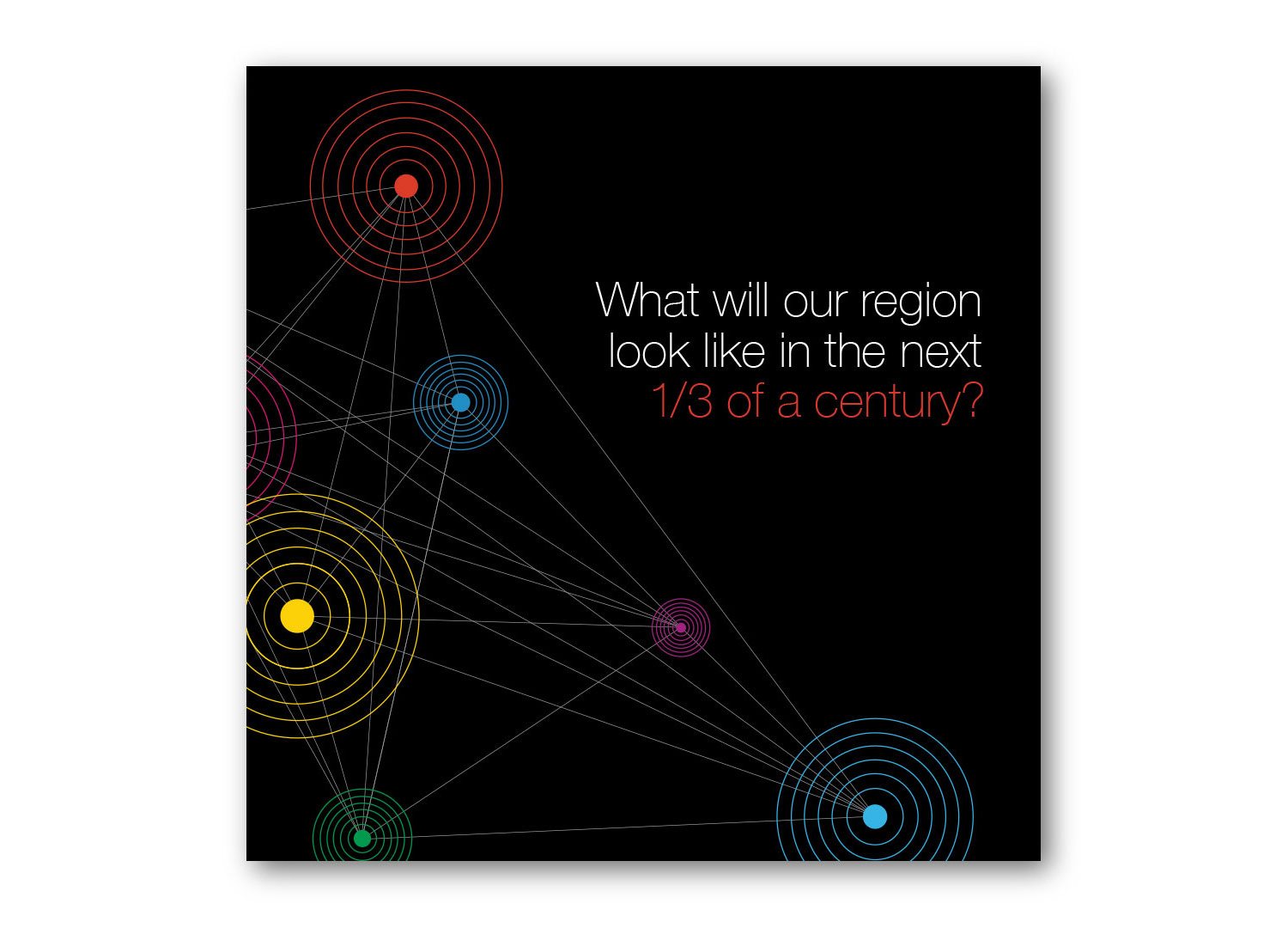 Black album cover design with text: What will our region look like in the next third of a century?