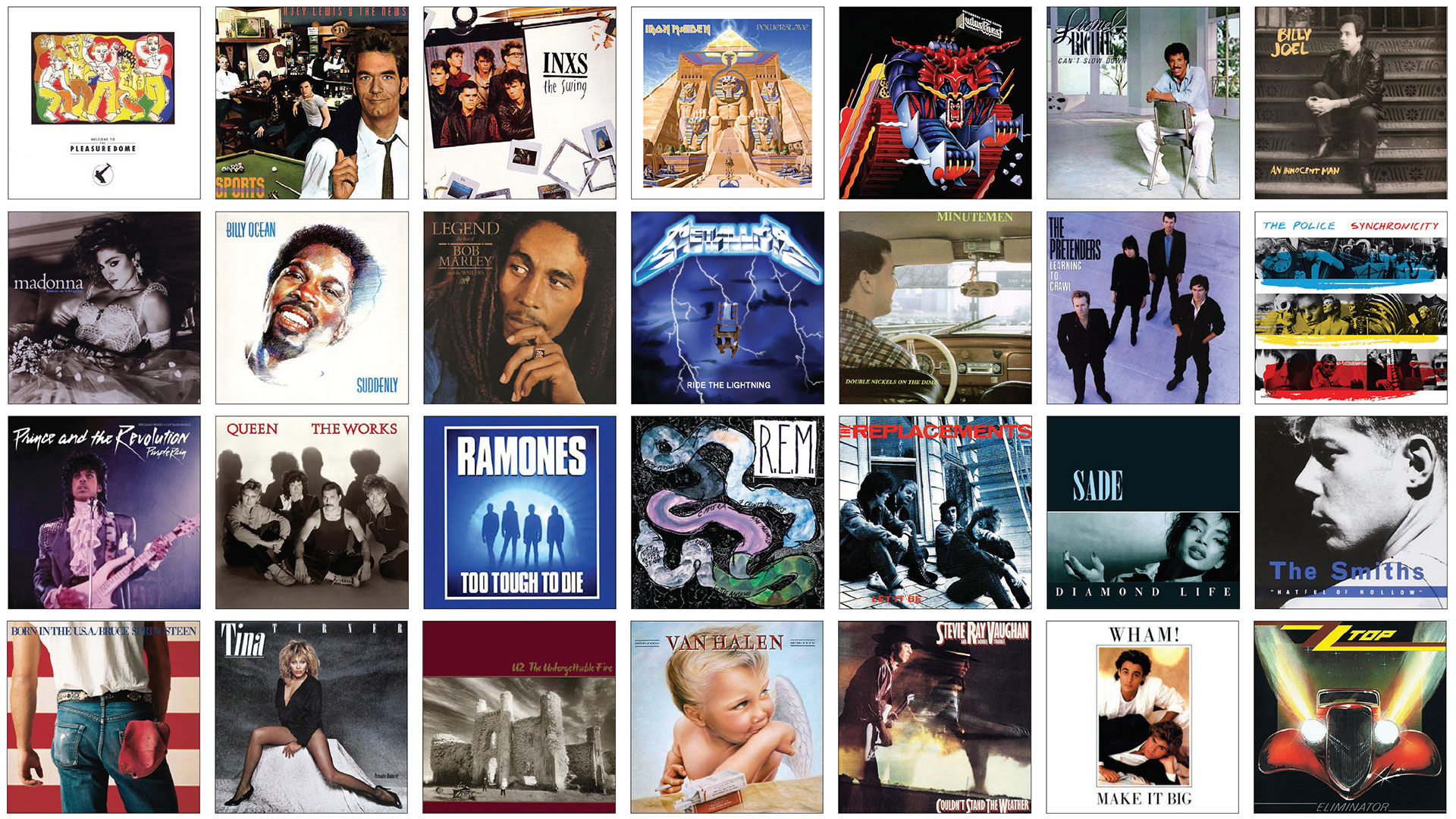 A grid of popular album covers used for back of name tags.