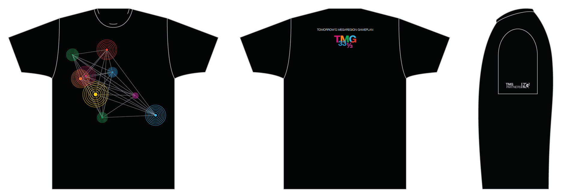 Design showing front, back and sleeve of a black t-shirt with event logo and connected rings design.