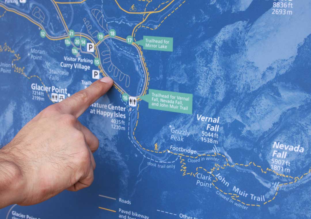 Close up of finger pointing at interpretive map of Yosemite Valley