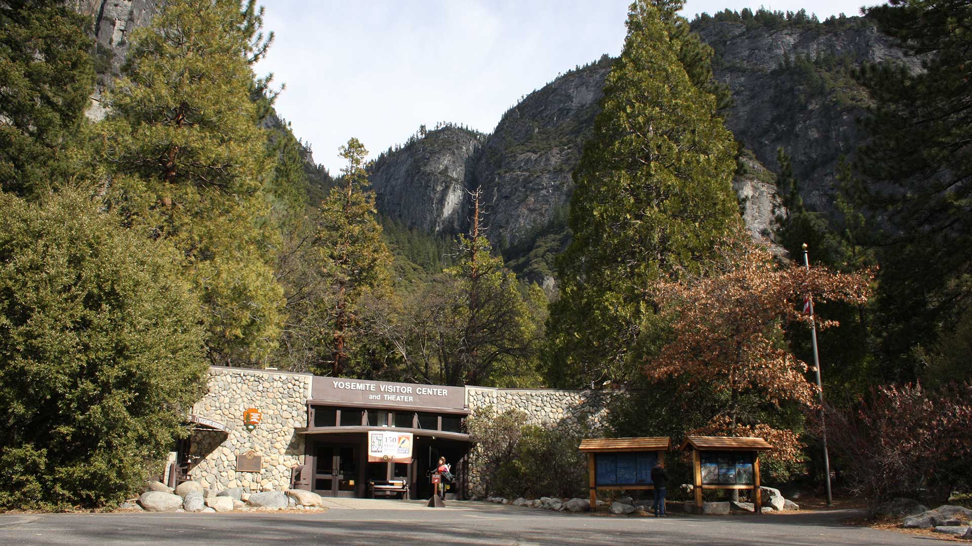 Interpretive signs in front of Yosemite Valley Visitor Center