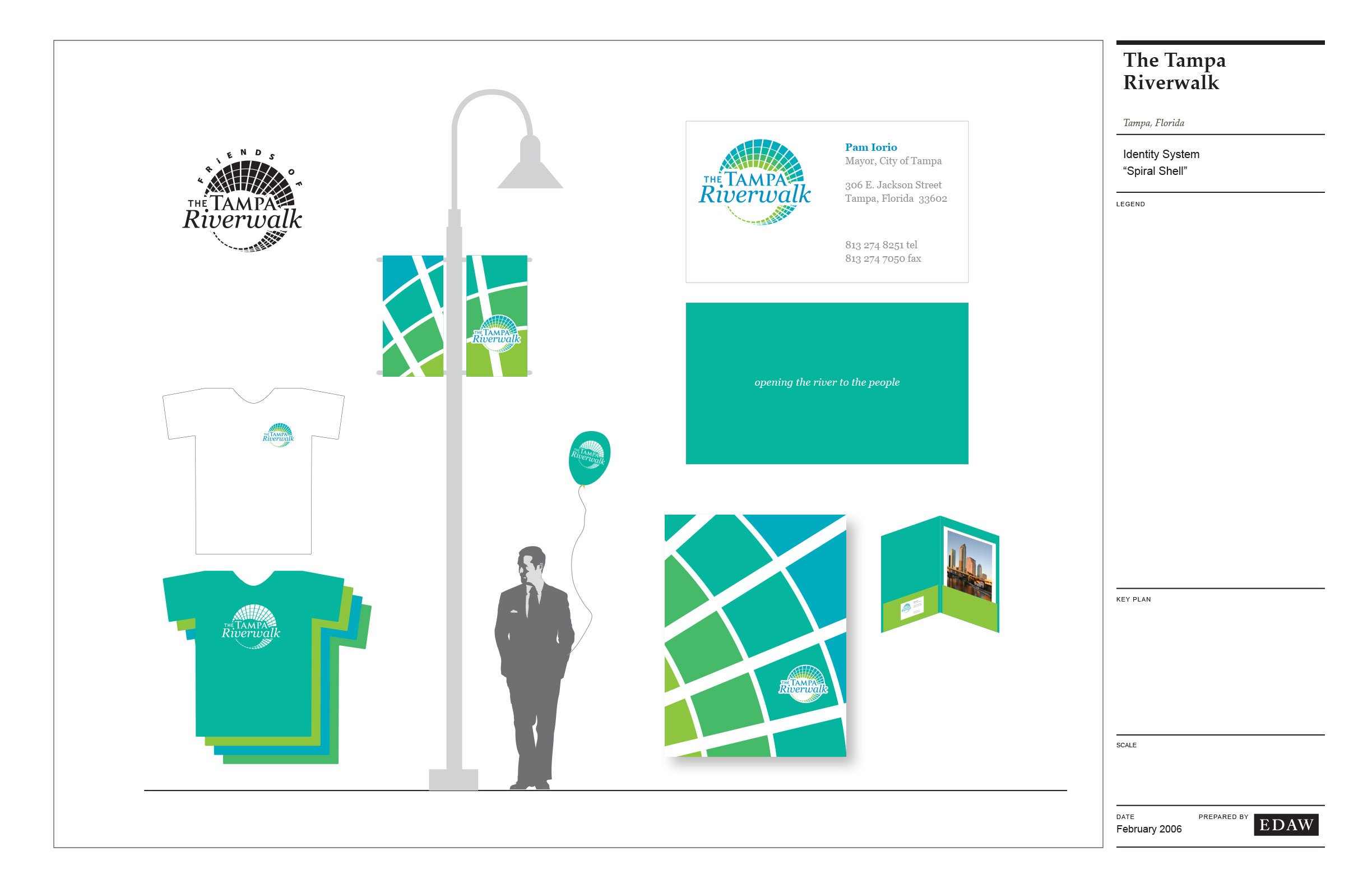The Tampa Riverwalk identity and applications in blue green palette