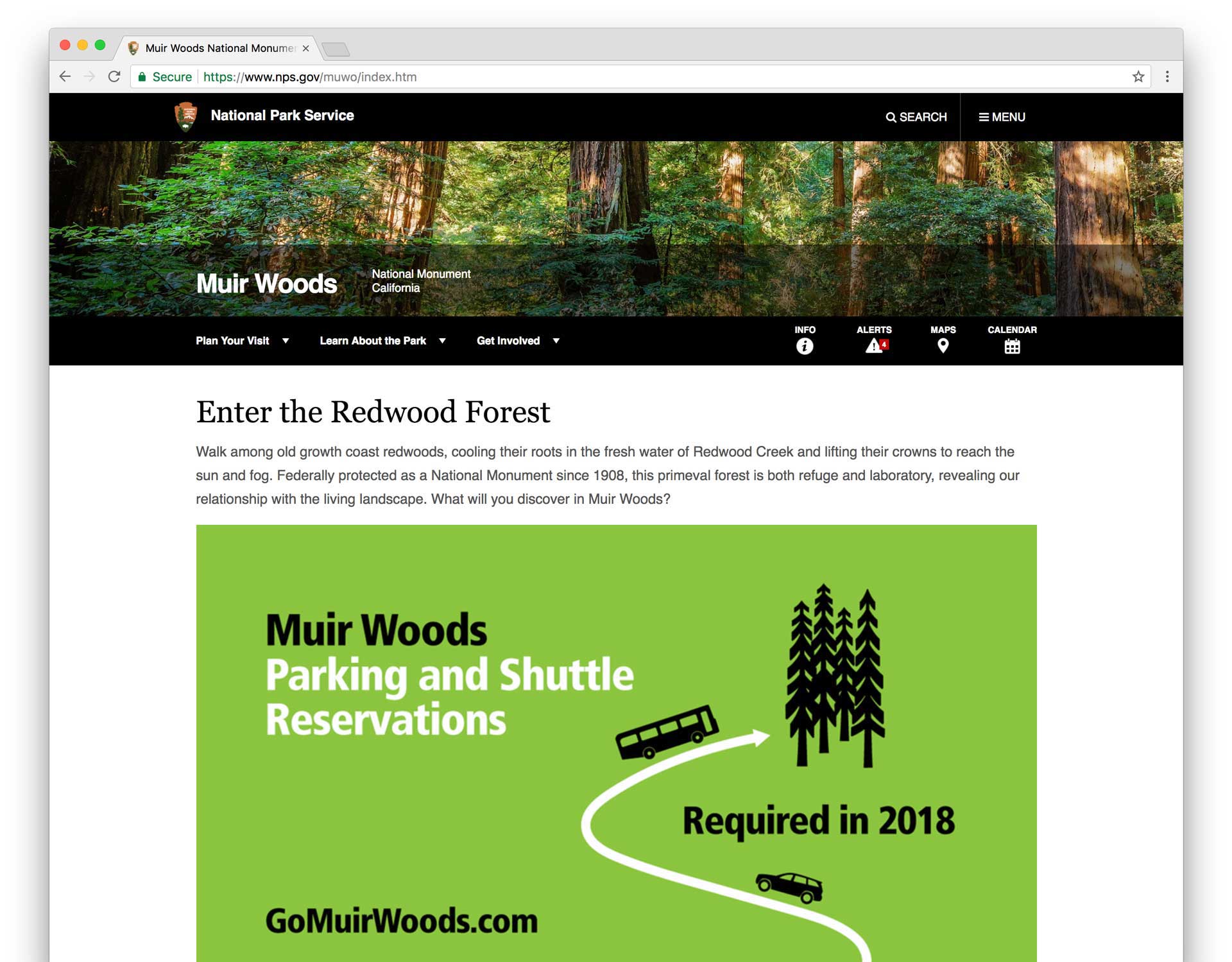 Screenshot of the NPS.gov website Muir Woods landing page