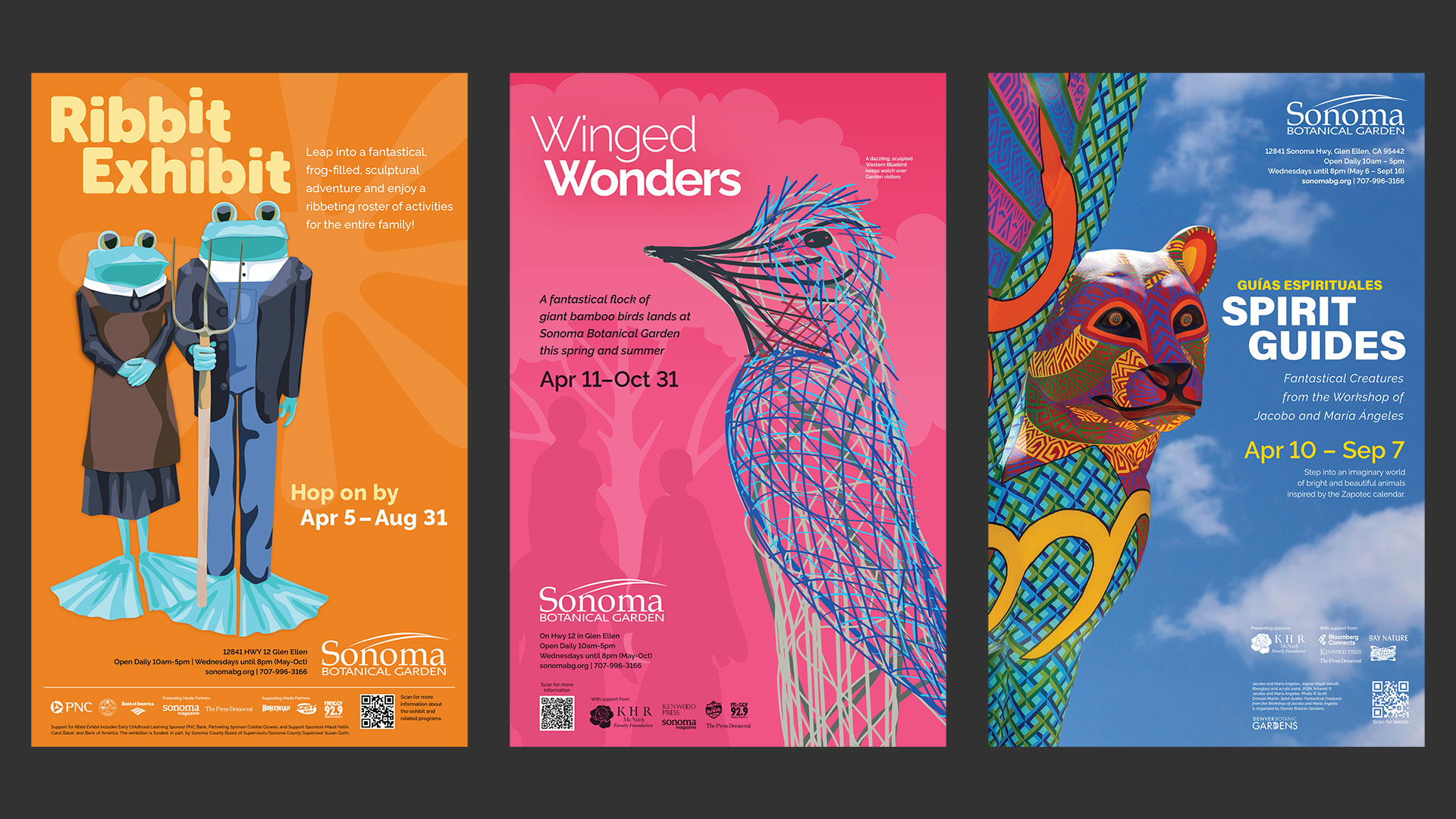 Tabloid posters for Ribbit Exhibit, Winged Wonders and Spirit Guides