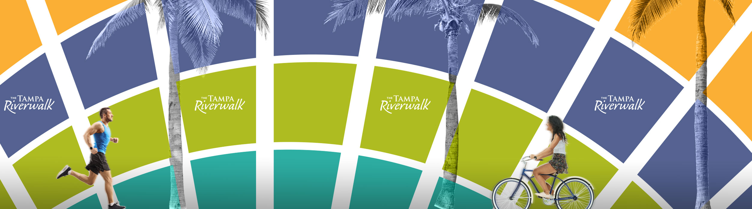 Mockup of branded wall mural with runner, cyclist, and palm trees.