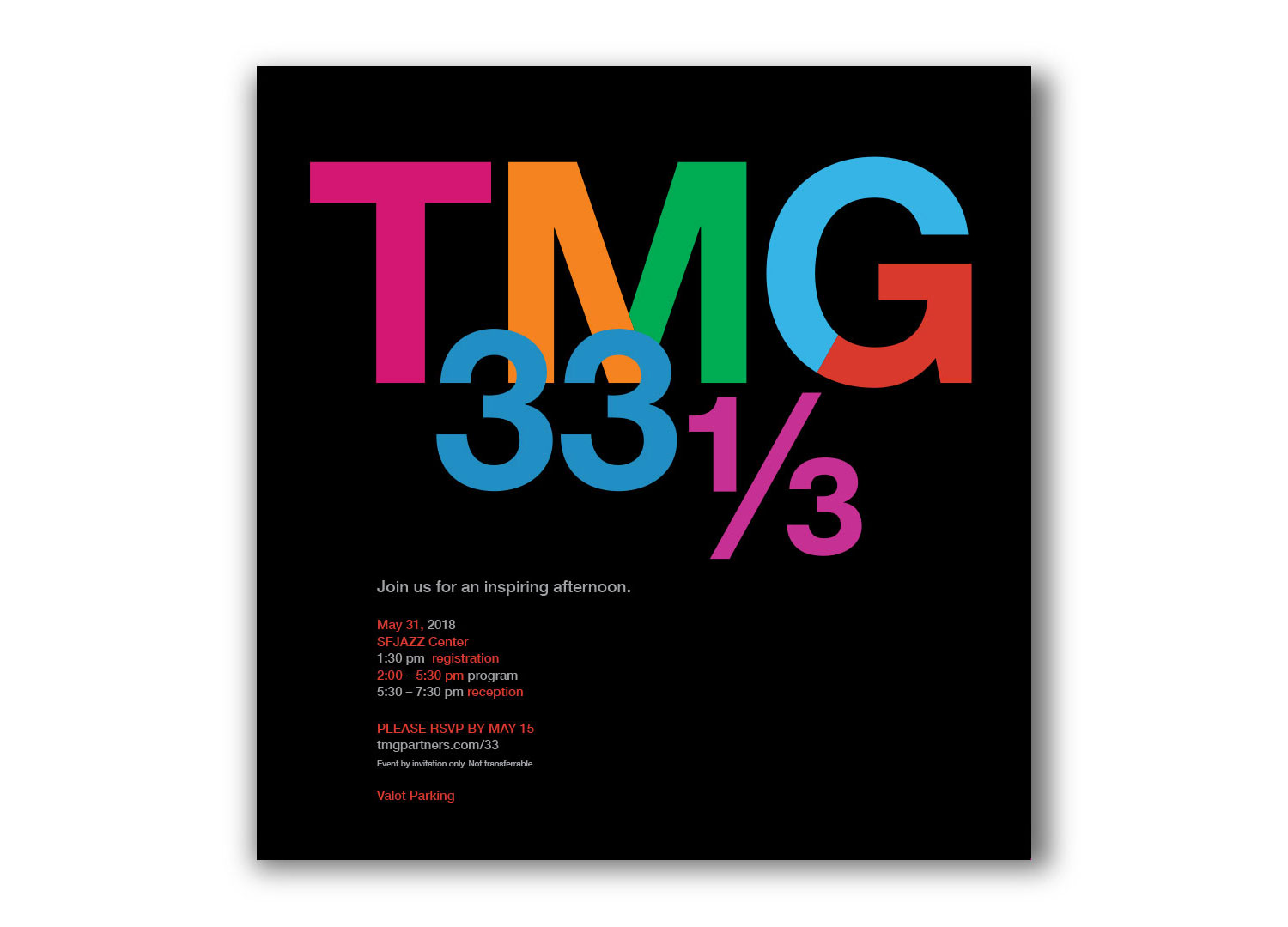 Black pocket panel with large TMG 33⅓ logo and event date, time and location.
