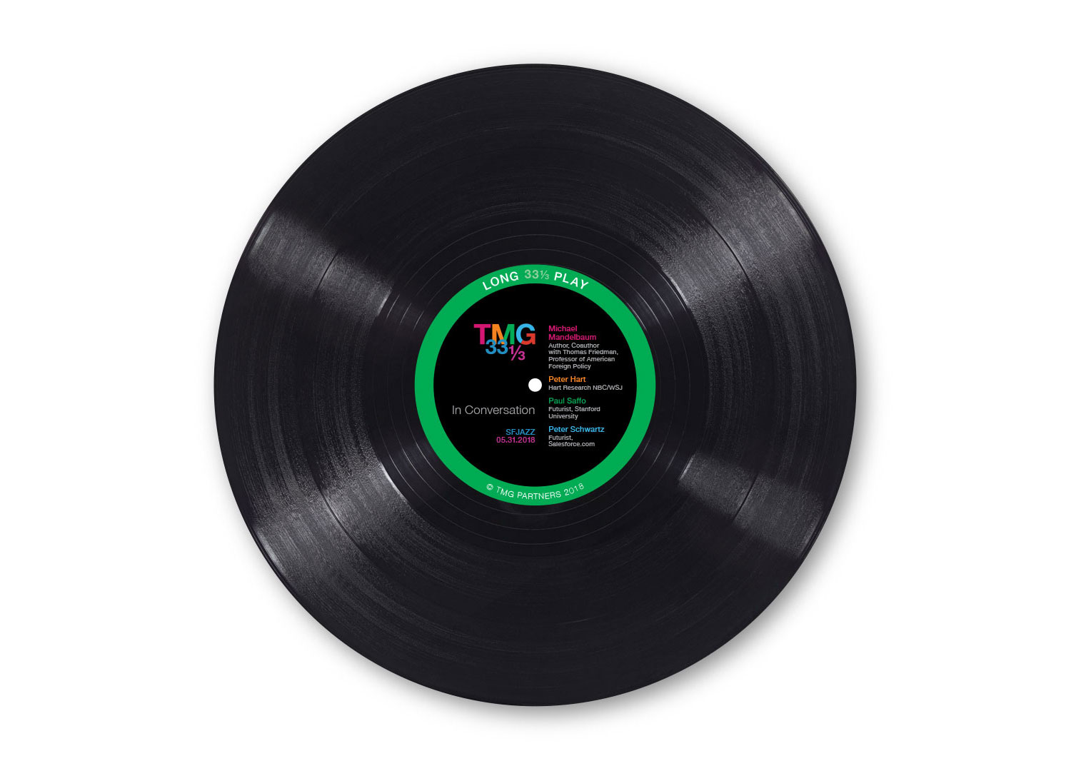 Front side of printed record with label listing speakers.