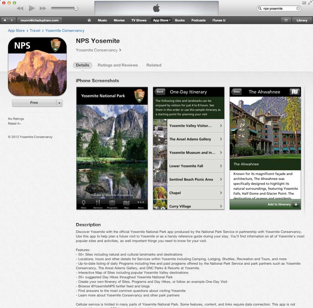 Yosemite National Park app in iTunes