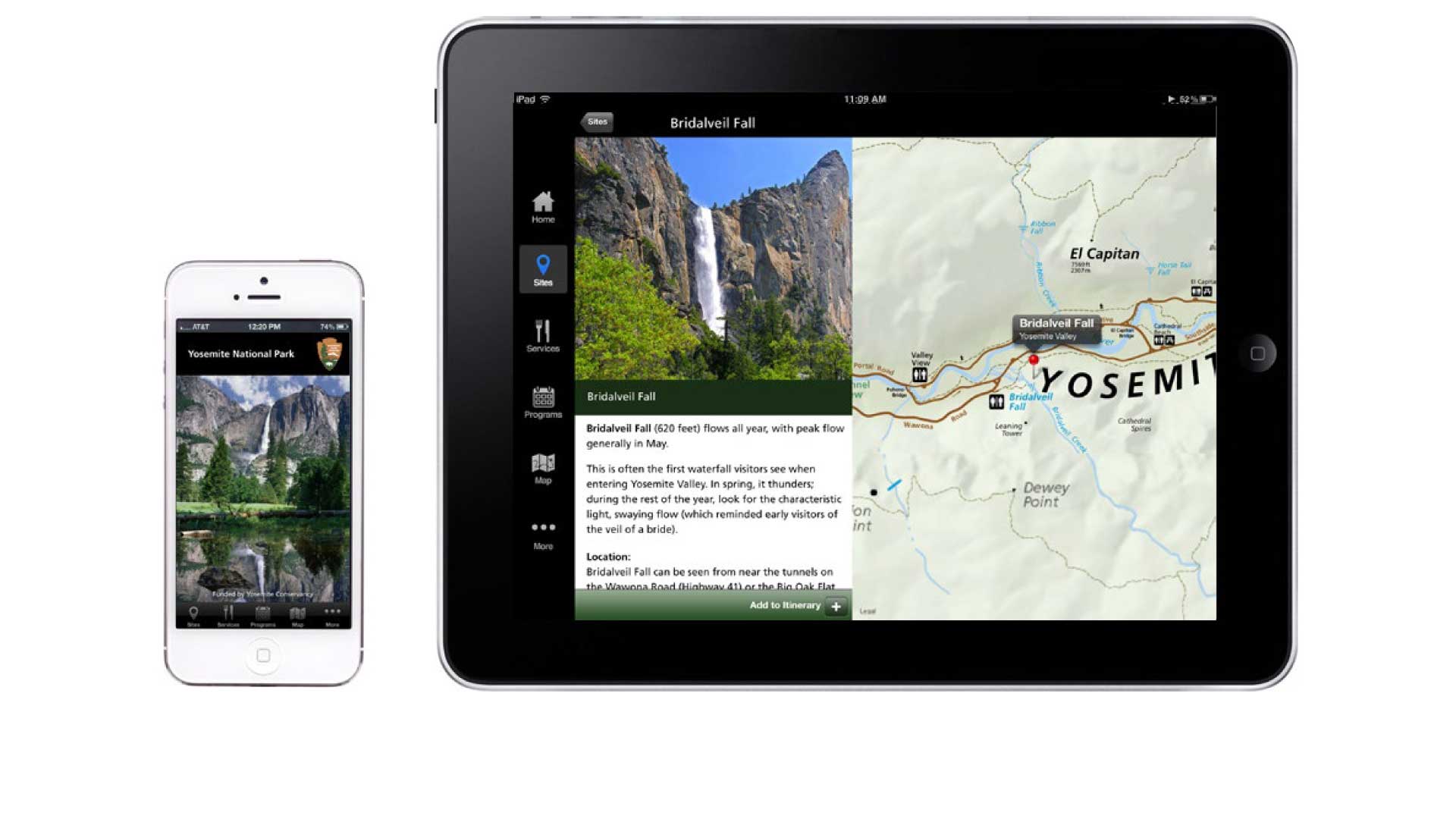 iPhone and iPad side by side showing the launch screen and sample interface screens from the NPS Yosemite app