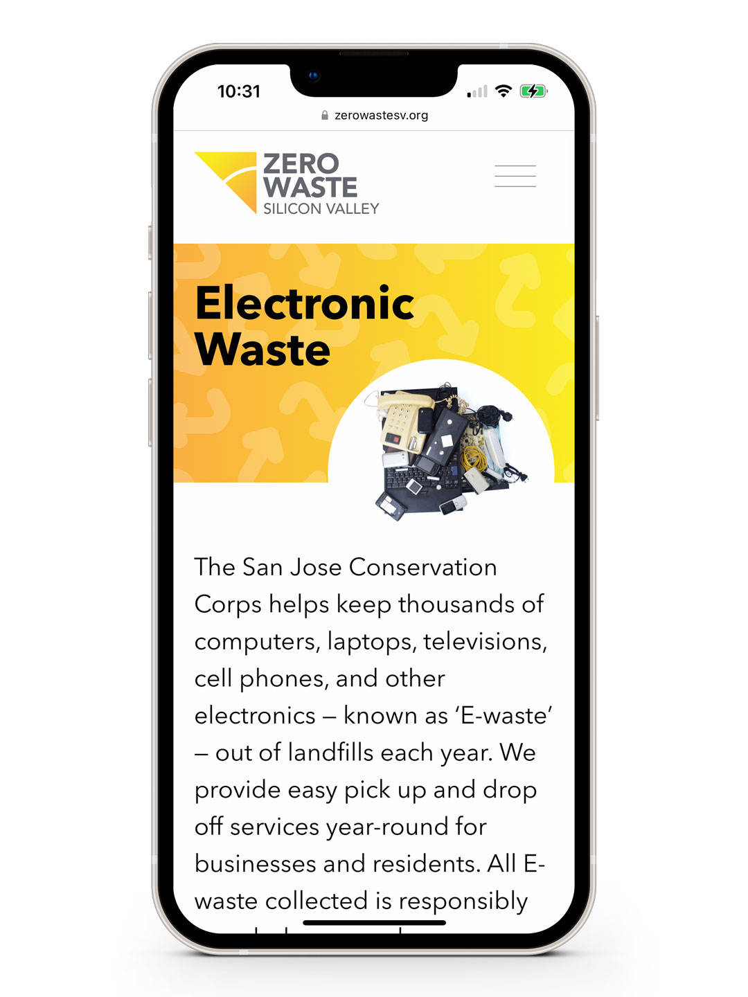 Screenshot of the ZeroWasteSV website on a mobile device