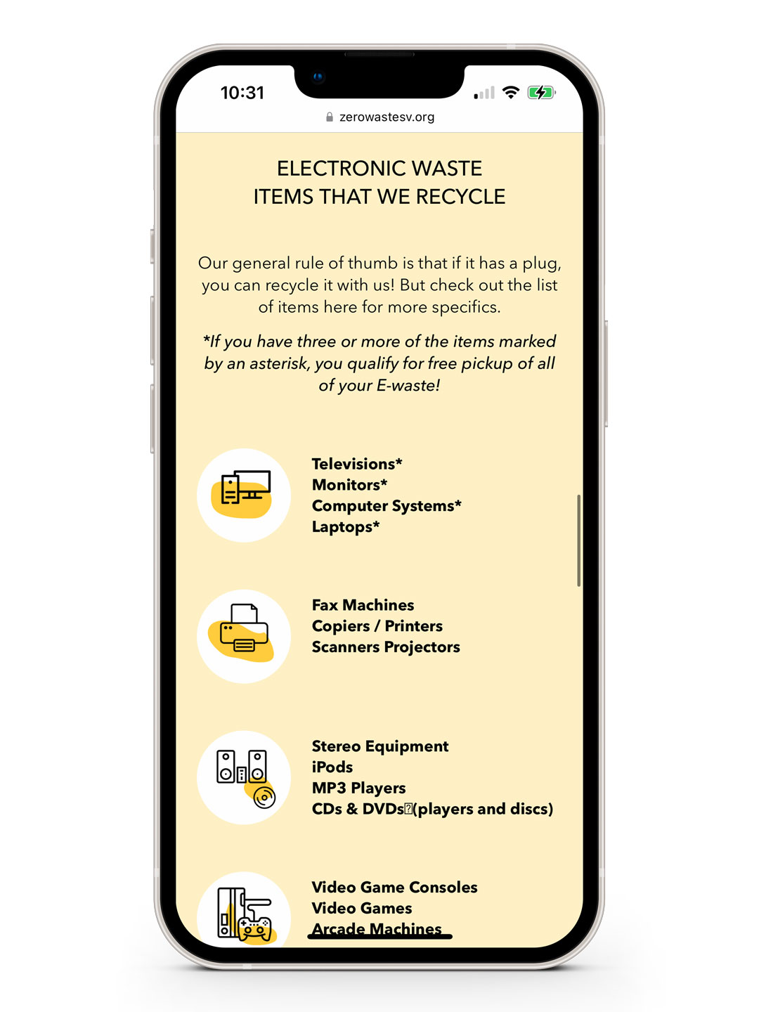 Screenshot of the ZeroWasteSV website on a mobile device
